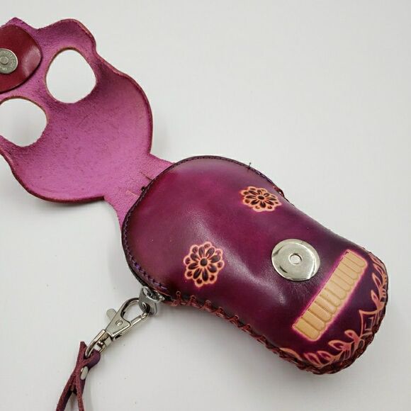 Sugar Skull Leather Wristlet Small Purple Coin Purse Keychain Calavera Wallet - Picture 10 of 16